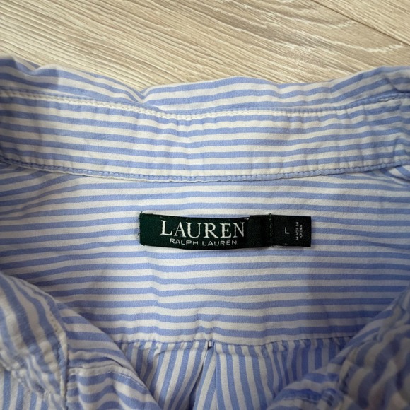 Lauren Ralph Lauren Blue White Striped Button Down Shirt Dress Embroidered Sz L - Picture 2 of 7
